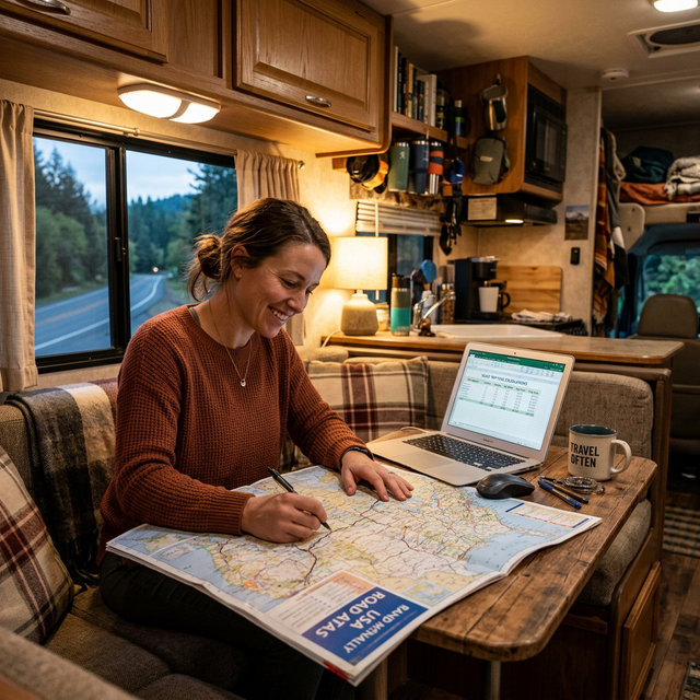 RV traveler planning a road trip on a map