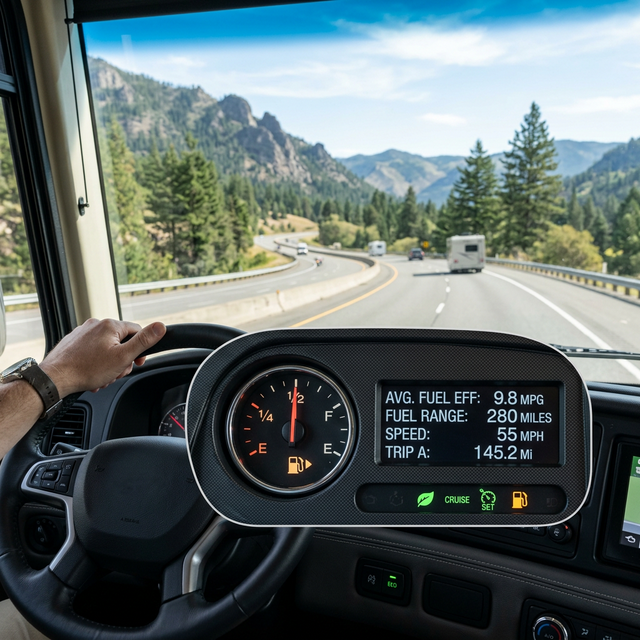 RV motorhome dashboard showing fuel gauge on a scenic highway