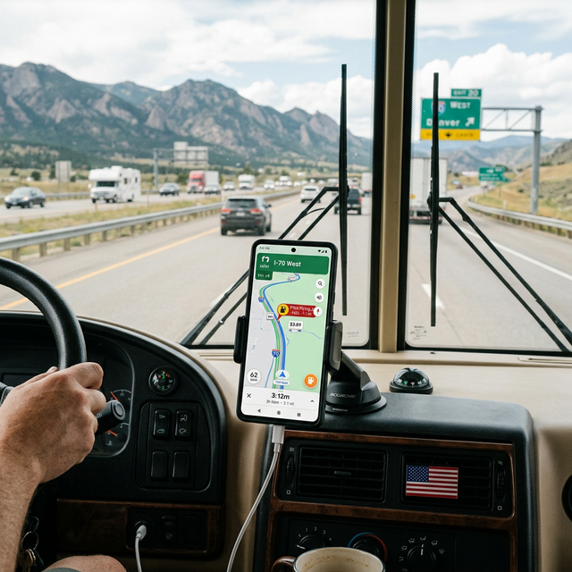 Smartphone showing navigation app with fuel station markers in an RV