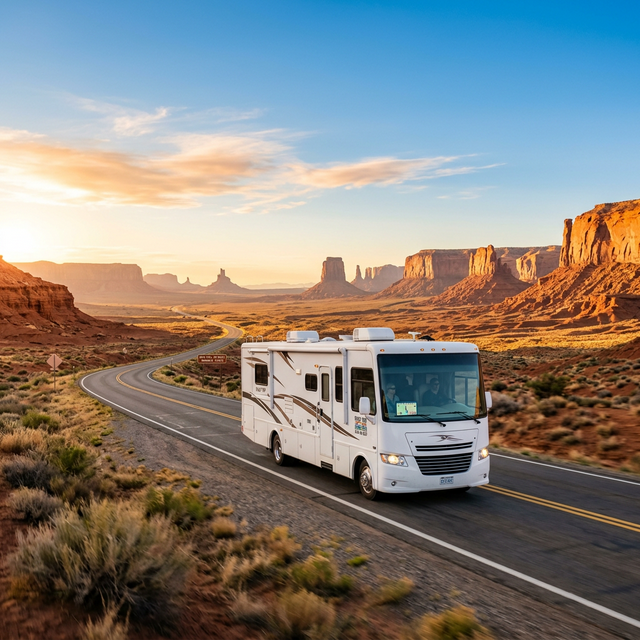 RV on open highway, road trip journey
